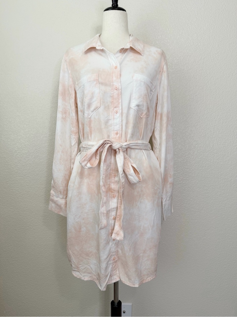 NWOT Guess 100% Lyocell Shonda Rose Bliss Tie Dye Belted Shirt Dress, Sz Large